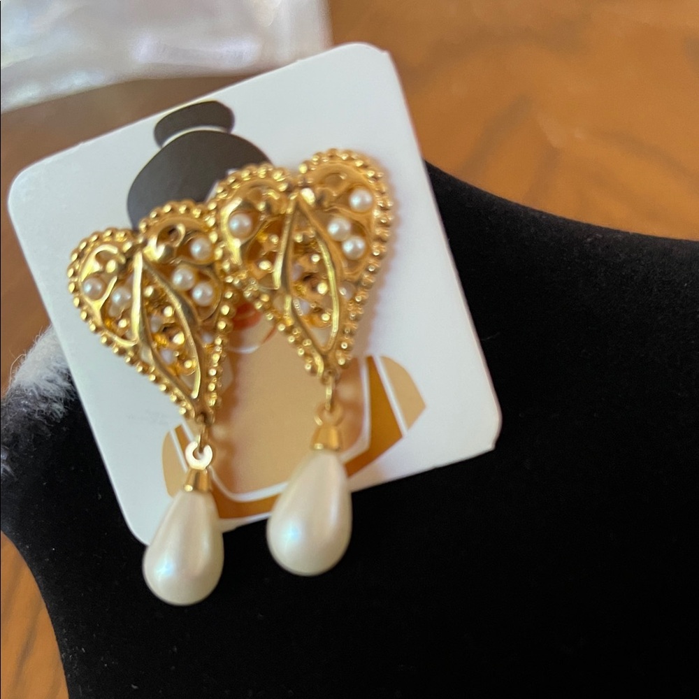 Napier Gold Filigree Teardrop Earrings with White Pearl Drops
